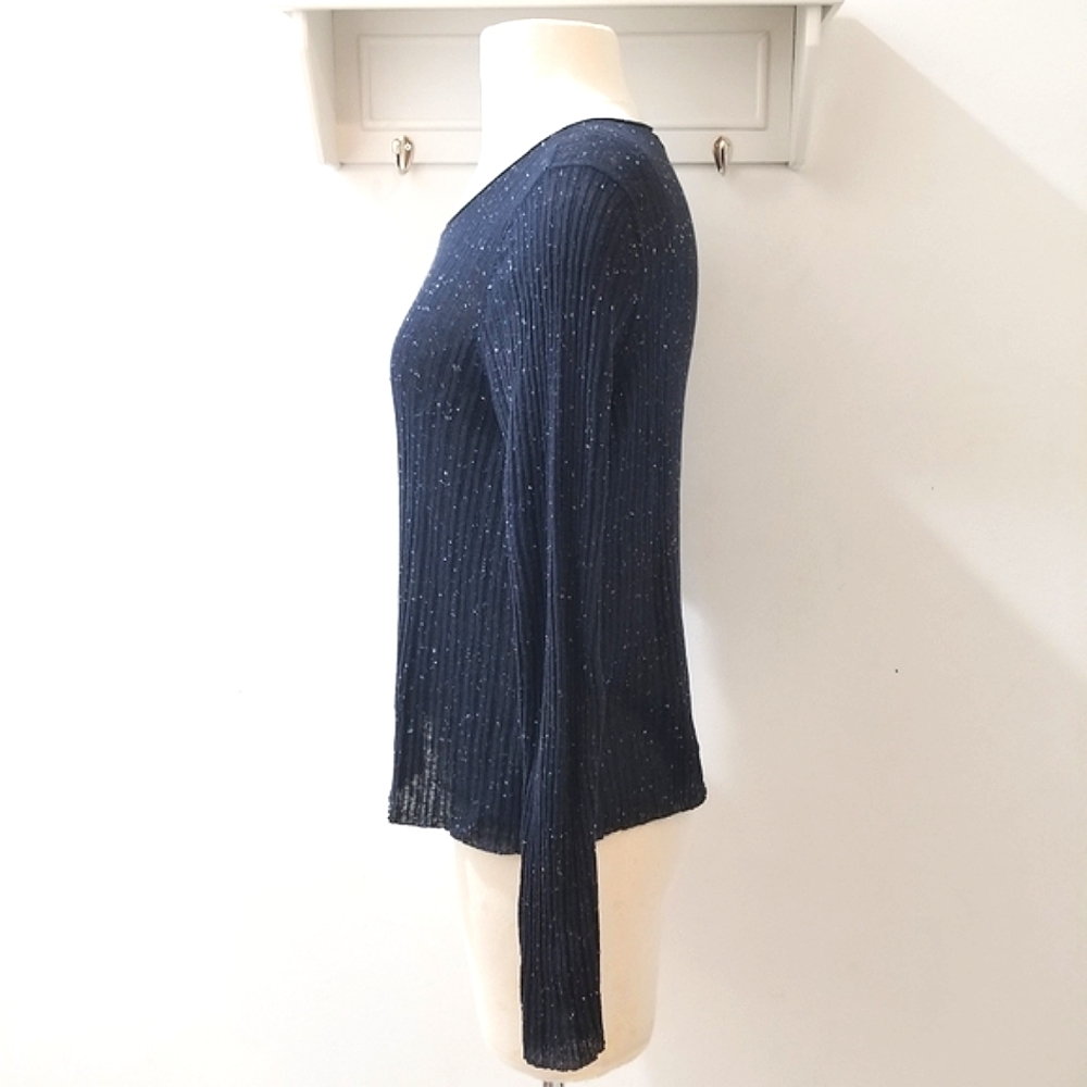 Eileen Fisher Navy with White Flecks Long Sleeve Ribbed Crewneck Pullover Top PL - Picture 4 of 11